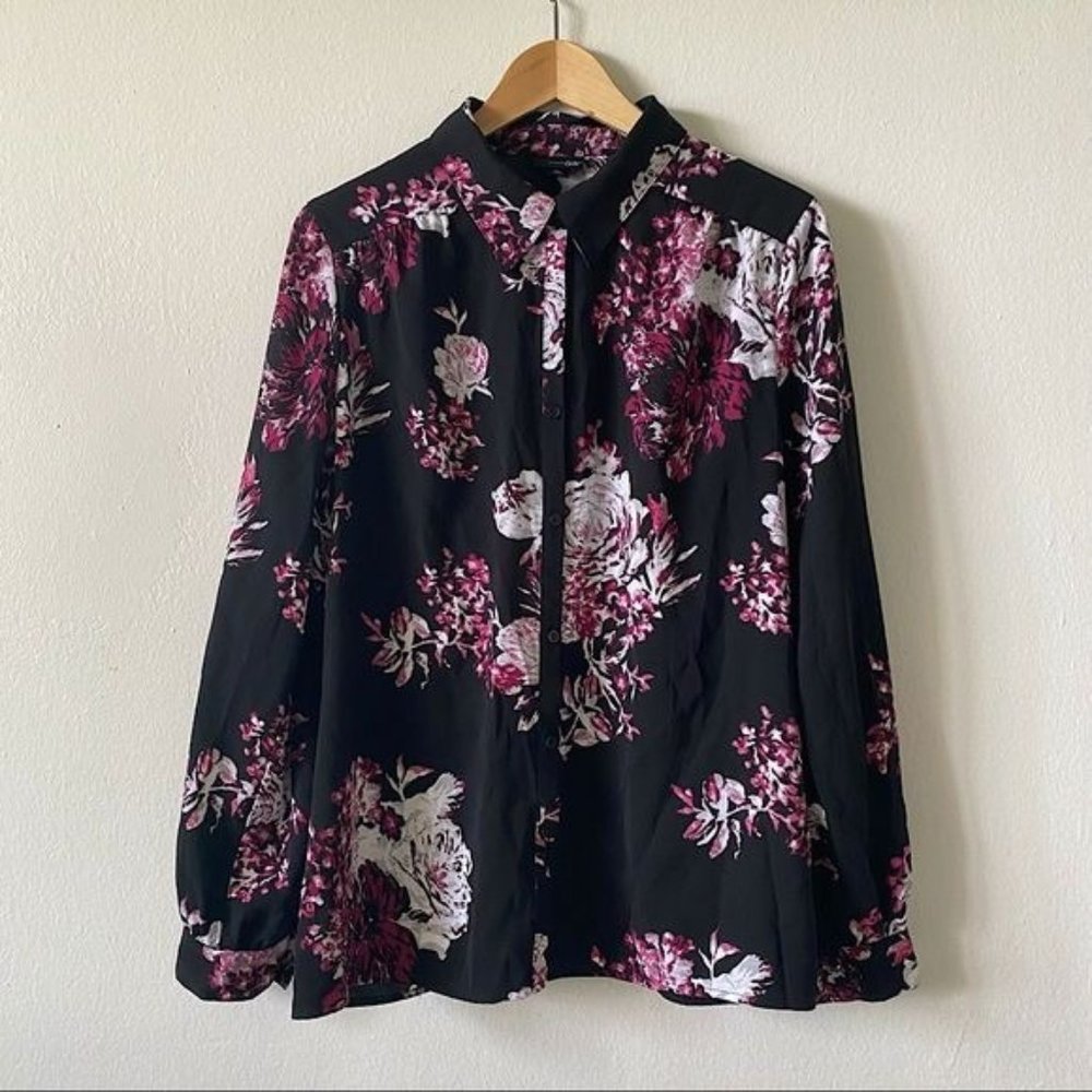 EAST 5th Sz XL Black Magenta Pink Floral Button Up Collared Blouse